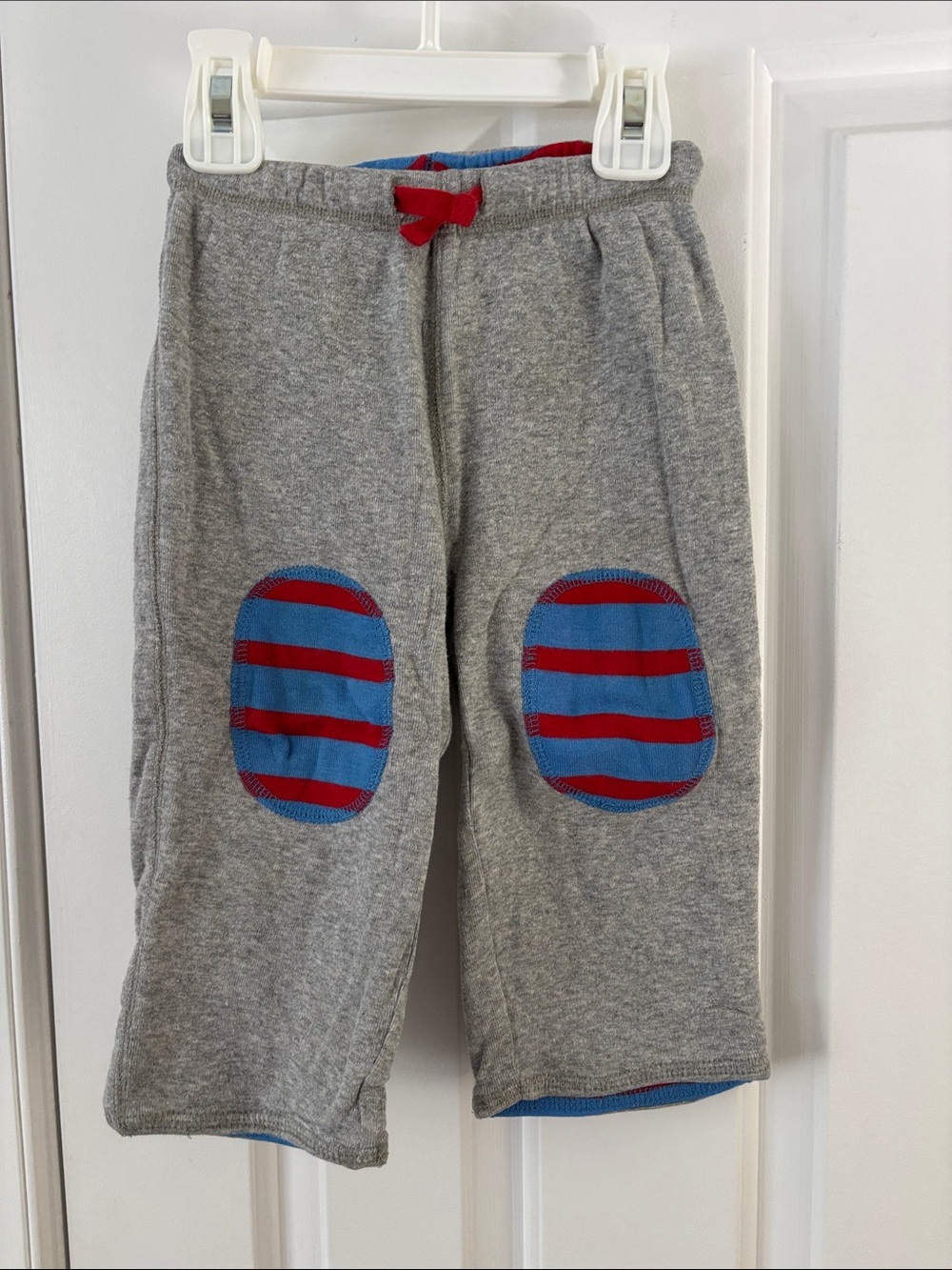 Baby Boden Reversible Gray Sweatpants with Red Tie and Blue-Red Knee Patches